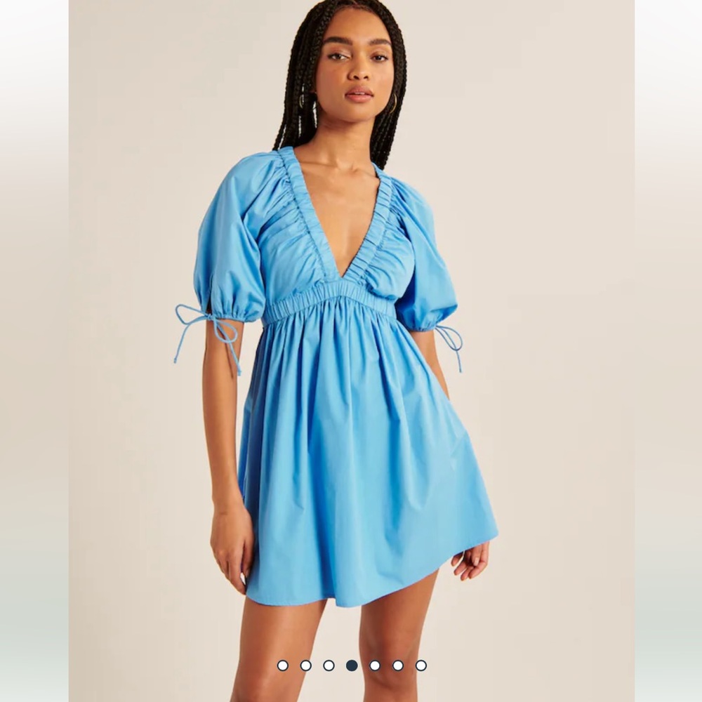 Poplin Puff Sleeve Babydoll Mini Dress in Blue